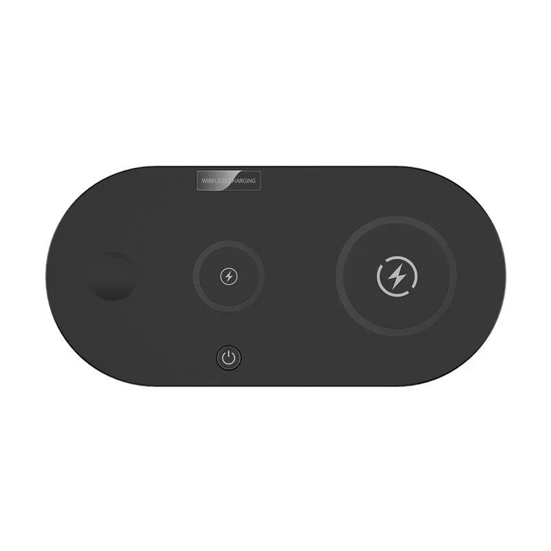 Black and white 15W fast wireless desktop charging pad with a status indicator light.