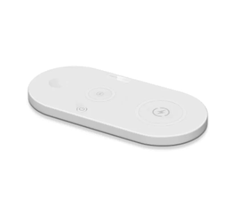 Black and white 15W fast wireless desktop charging pad with a status indicator light.