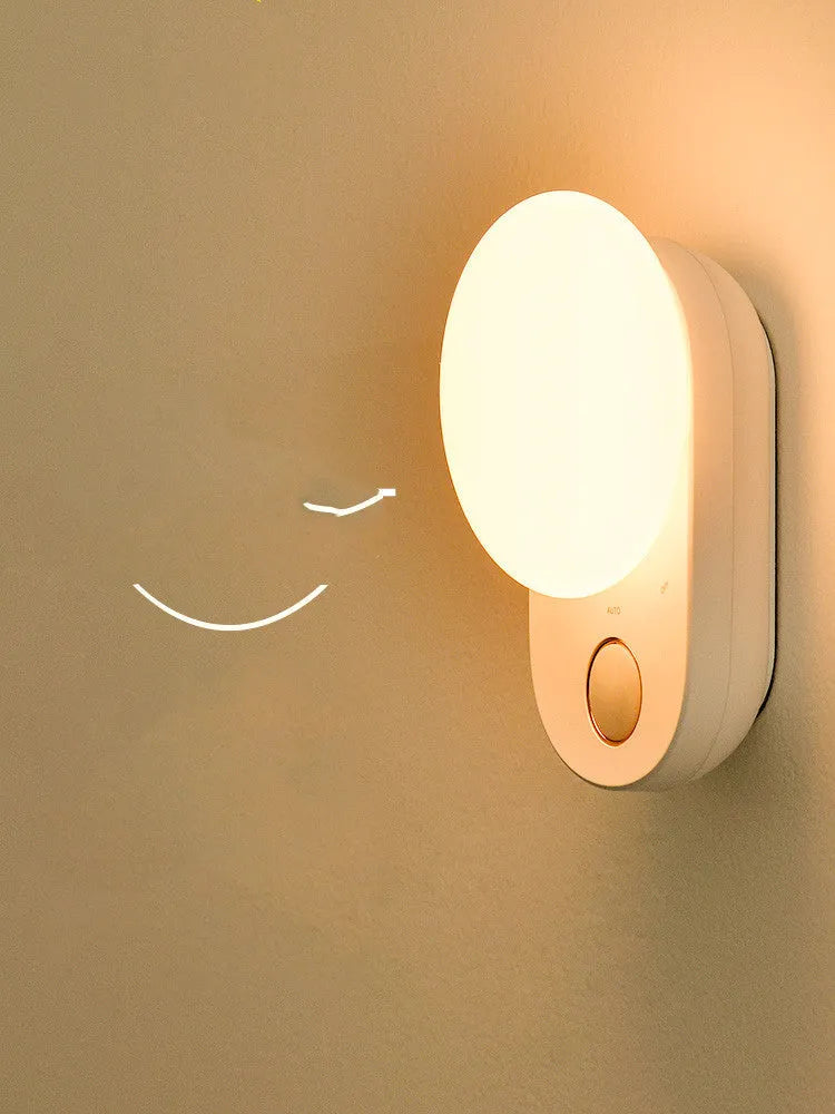 White rechargeable LED night light with motion sensor for bedroom bedside use.