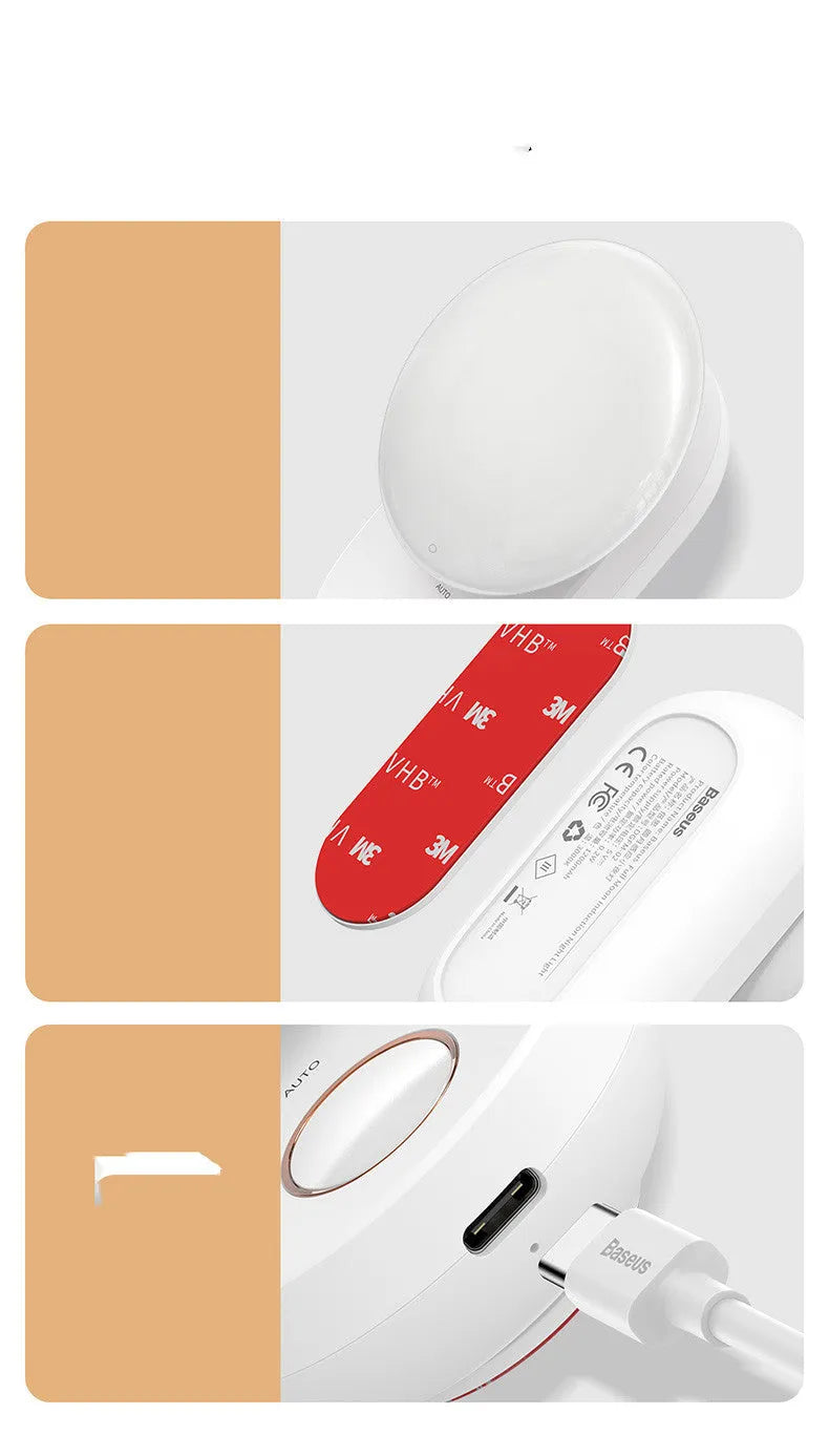 White Baseus rechargeable motion sensor LED night light on a surface.