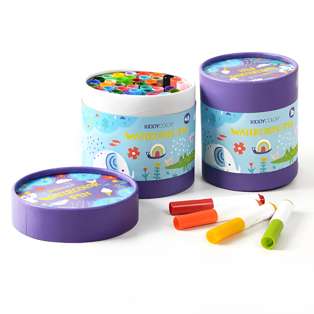 Children's washable plastic watercolour pen set showing 36-colour and 48-colour barrel options.