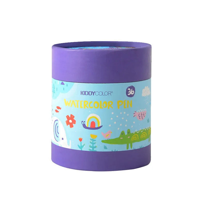 Children's washable plastic watercolour pen set showing 36-colour and 48-colour barrel options.