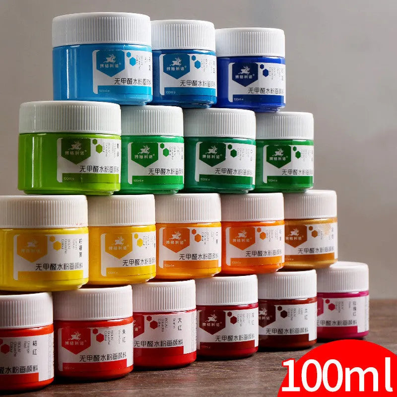 Bottled gouache paint in eight colours including black, blue, red and yellow for beginner art projects