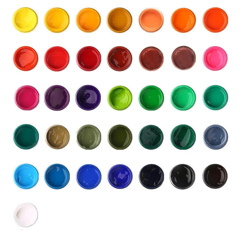 Bottled gouache paint in eight colours including black, blue, red and yellow for beginner art projects