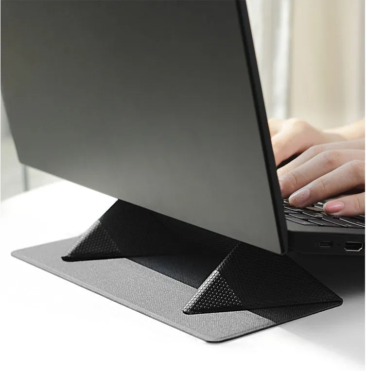 Blue foldable laptop cooling bracket shown open and closed, with an ergonomic viewing angle.