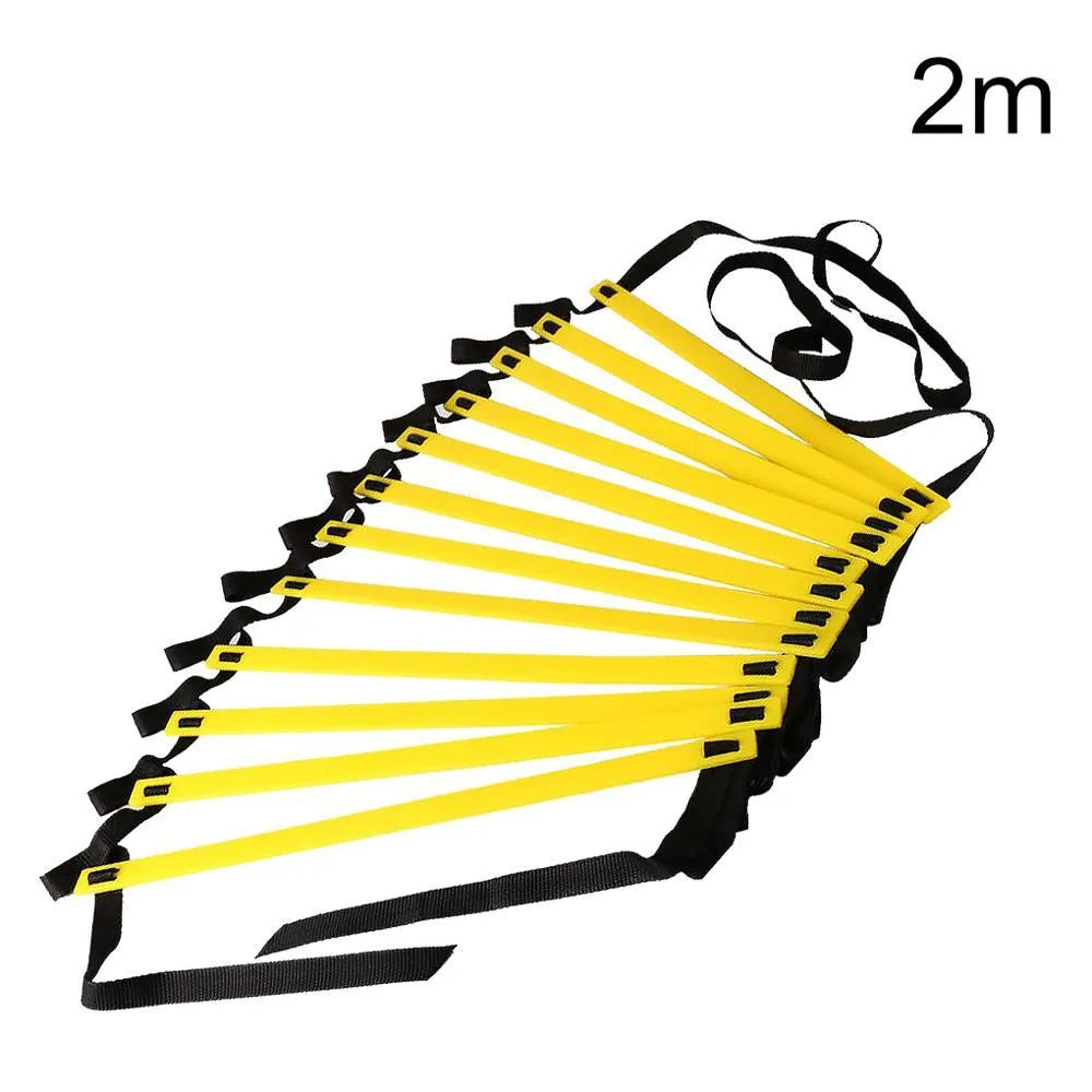 PP plastic agility training ladder with flat rungs laid on grass, with cloth carry bag