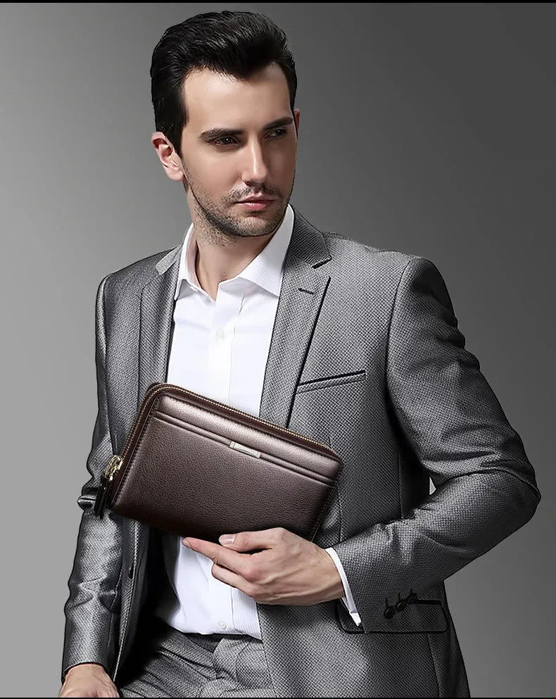 Man purse handbag in black PU leather with zipper closure, 21cm length, 12cm height