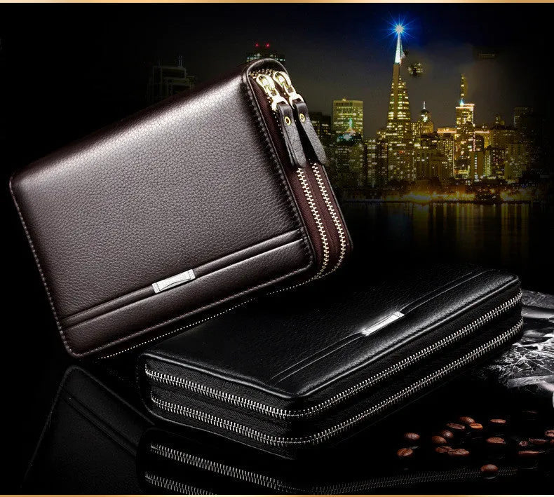 Man purse handbag in black PU leather with zipper closure, 21cm length, 12cm height