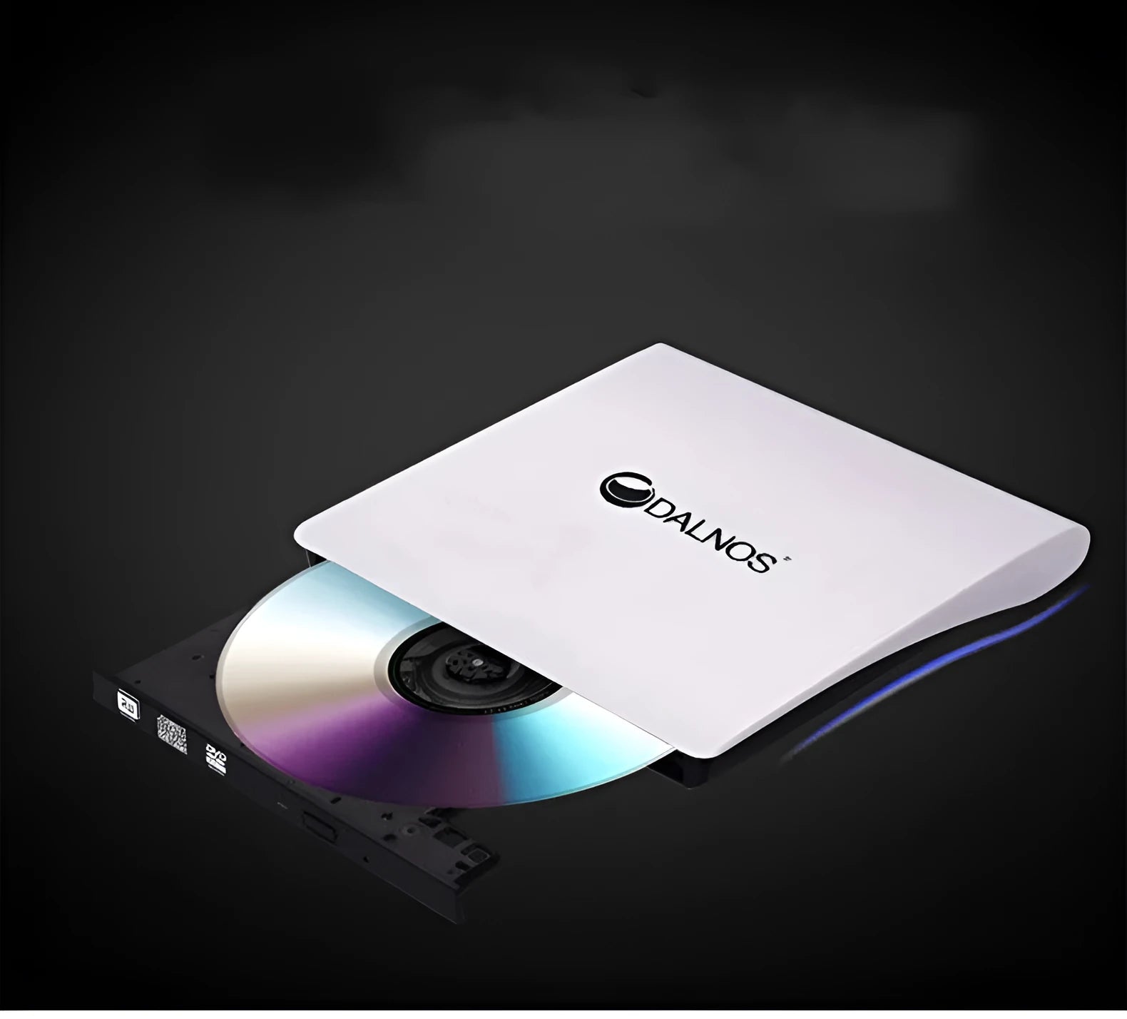 Black external USB DVD burner with tray open, 138x135x39mm, for laptop or desktop computer