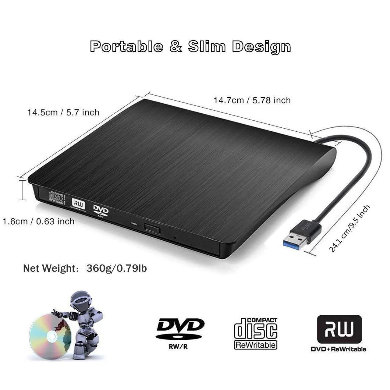 Black external USB DVD burner with tray open, 138x135x39mm, for laptop or desktop computer