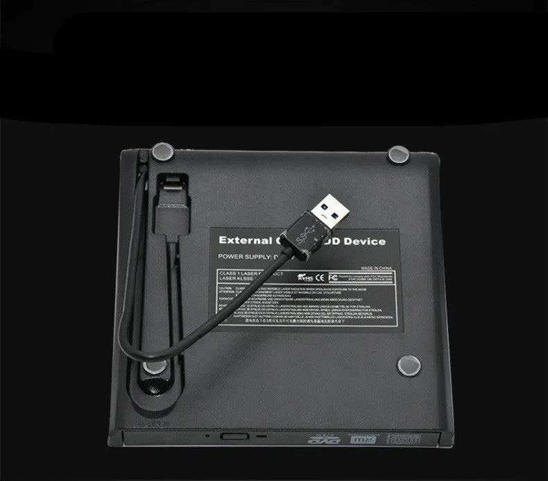 Black external USB DVD burner with tray open, 138x135x39mm, for laptop or desktop computer