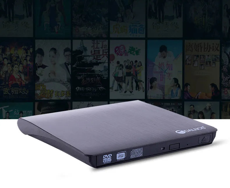 Black external USB DVD burner with tray open, 138x135x39mm, for laptop or desktop computer