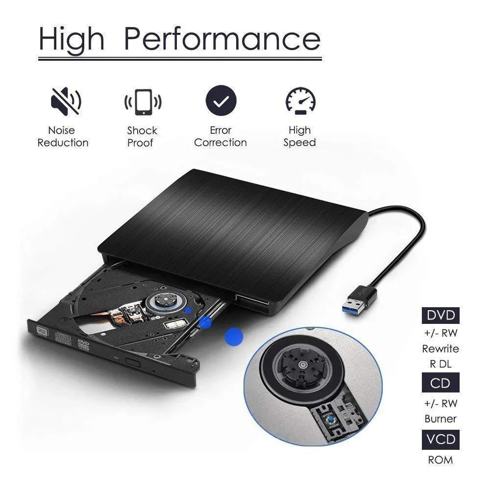Black external USB DVD burner with tray open, 138x135x39mm, for laptop or desktop computer