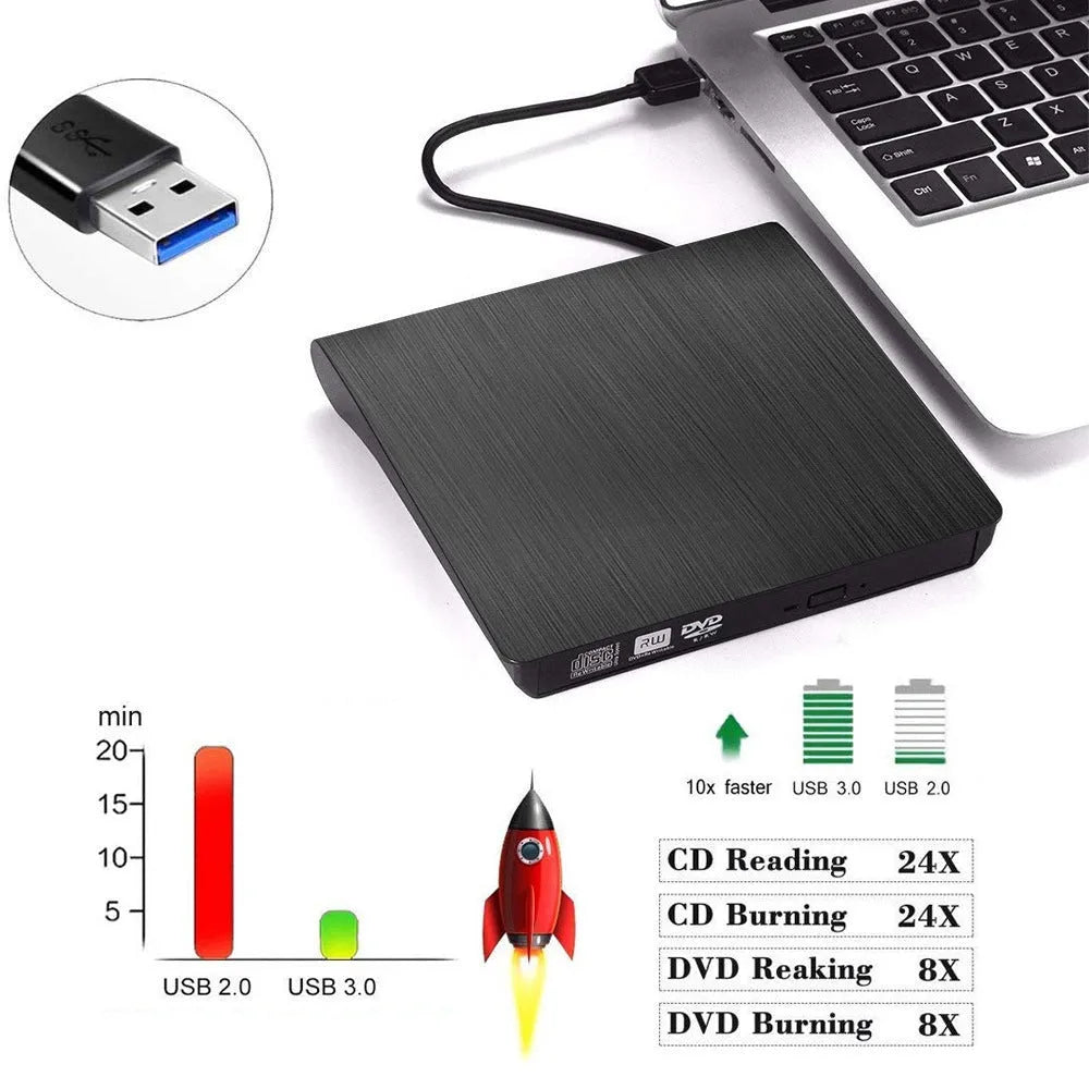 Black external USB DVD burner with tray open, 138x135x39mm, for laptop or desktop computer