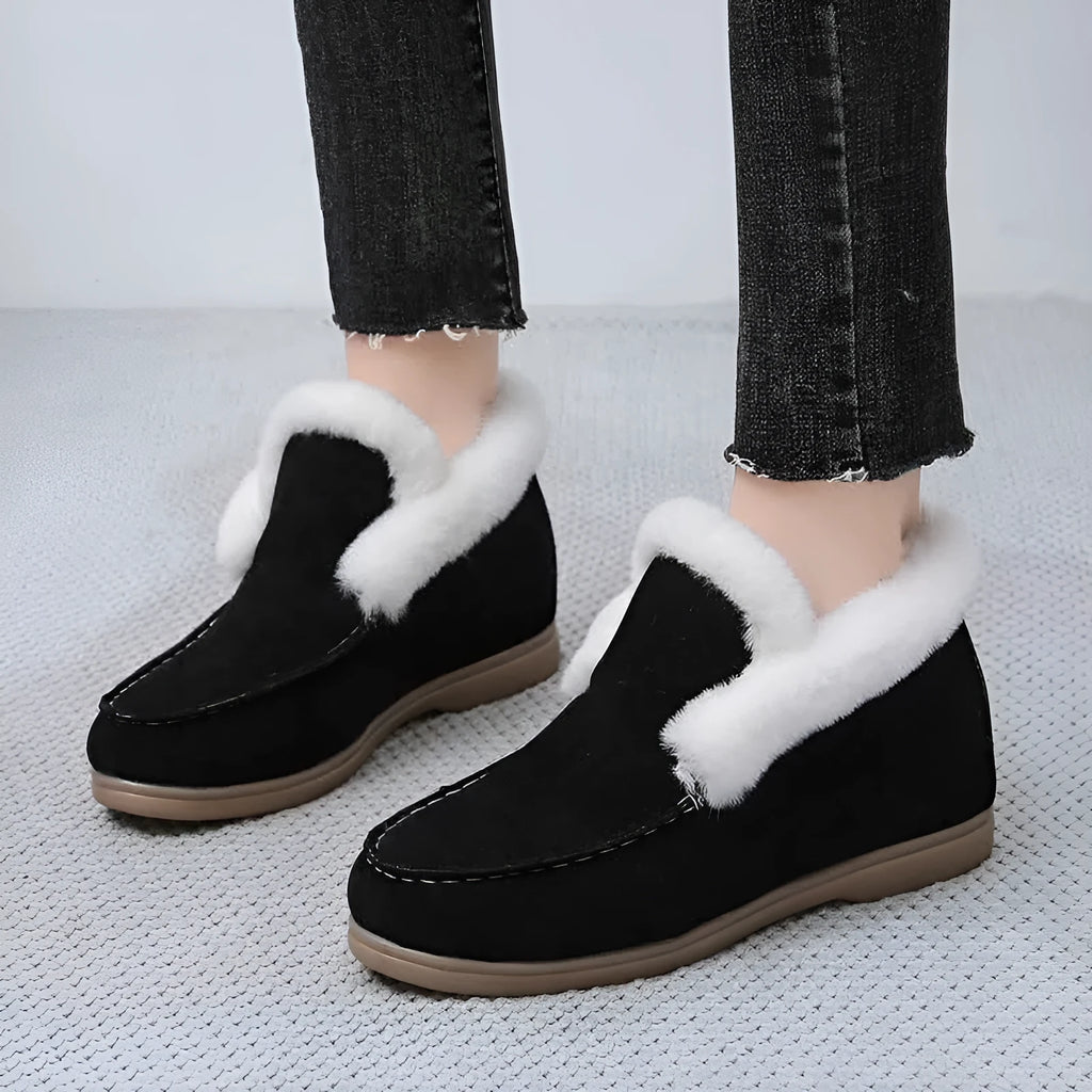 Women's suede round toe short boots with rubber sole and PU insole, available in black, beige, grey, and brown, sizes 35 to 43