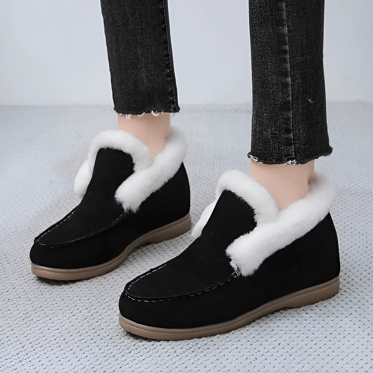 Women's suede round toe short boots with rubber sole and PU insole, available in black, beige, grey, and brown, sizes 35 to 43