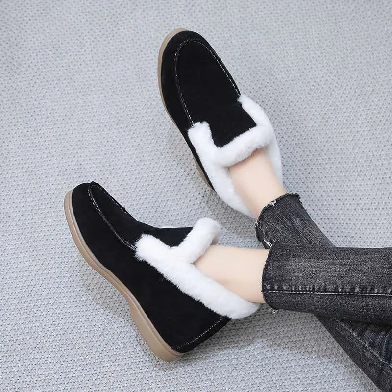 Women's suede round toe short boots with rubber sole and PU insole, available in black, beige, grey, and brown, sizes 35 to 43