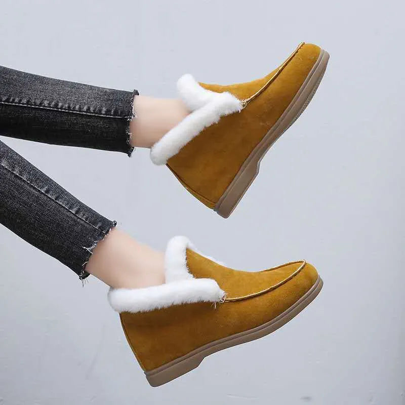 Women's suede round toe short boots with rubber sole and PU insole, available in black, beige, grey, and brown, sizes 35 to 43