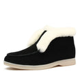Women's suede round toe short boots with rubber sole and PU insole, available in black, beige, grey, and brown, sizes 35 to 43