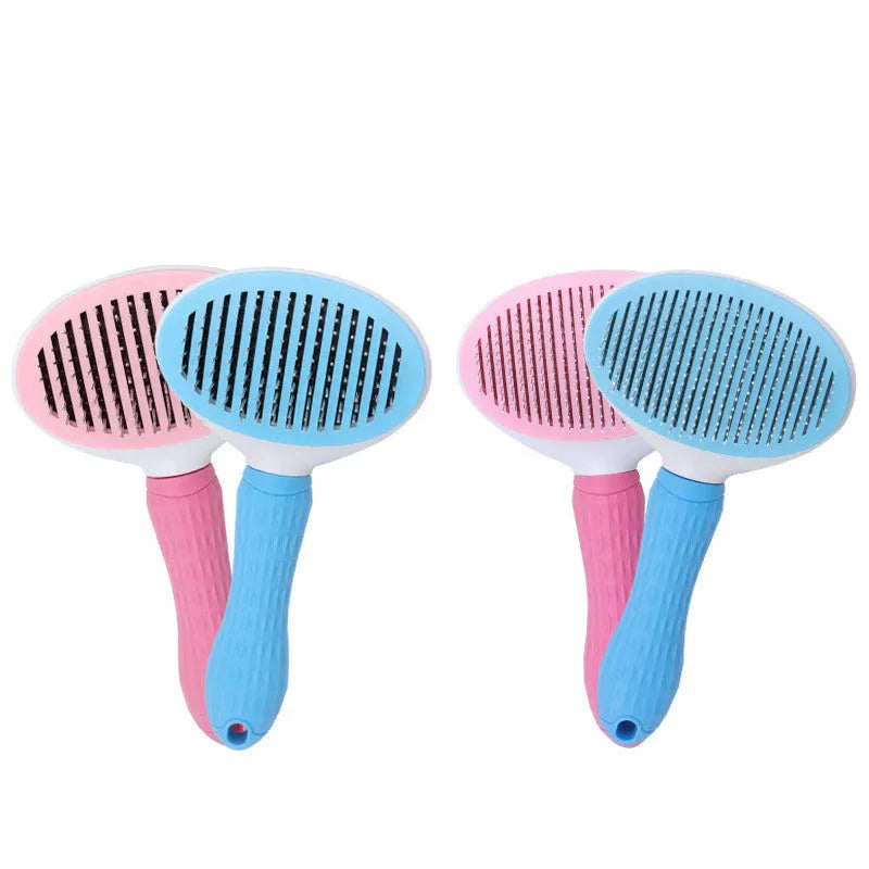 Self-cleaning dog and cat grooming comb with stainless steel needles, ABS non-slip handle, blue or pink, thick or fine needles