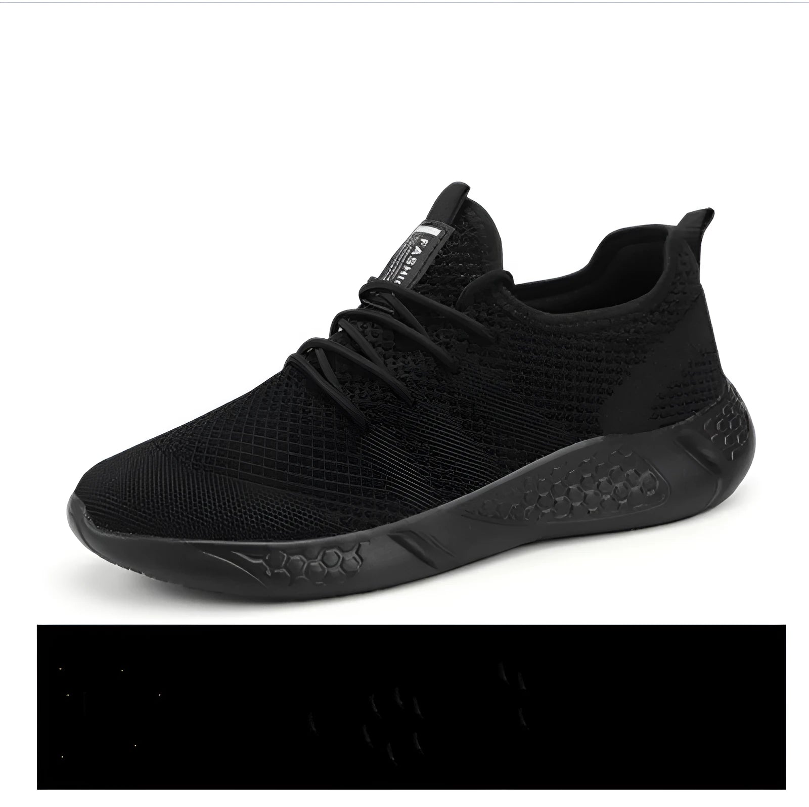 Men's black and white breathable mesh sneakers with lace-up closure and PVC sole