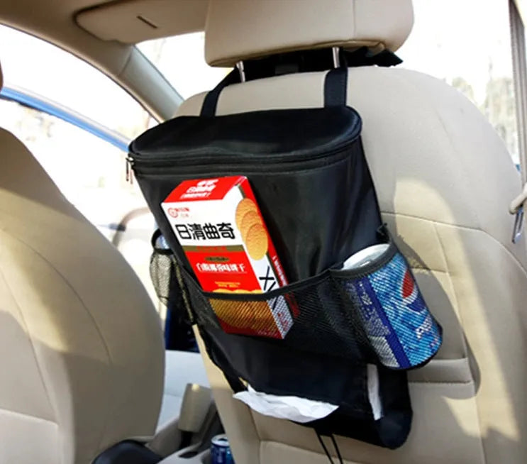 Black 600D Oxford cloth car storage bag with adjustable strap, chair back hanging organiser for headrest, gear lever, console, or door