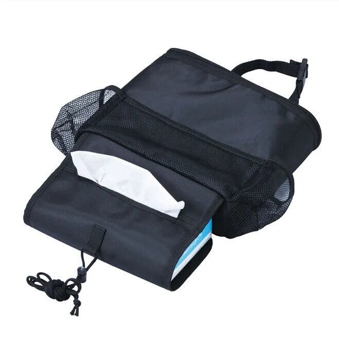 Black 600D Oxford cloth car storage bag with adjustable strap, chair back hanging organiser for headrest, gear lever, console, or door