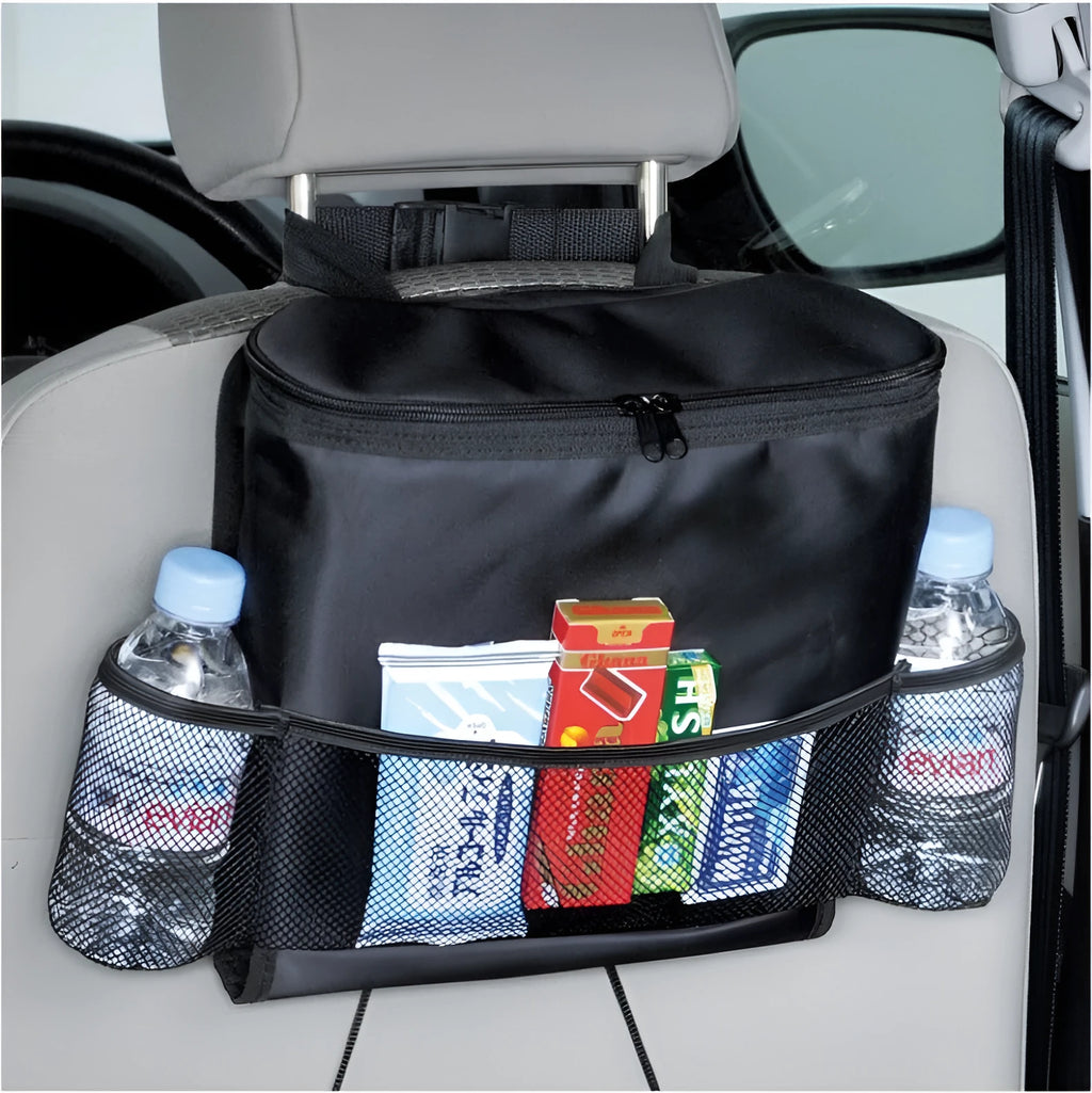 Black 600D Oxford cloth car storage bag with adjustable strap, chair back hanging organiser for headrest, gear lever, console, or door