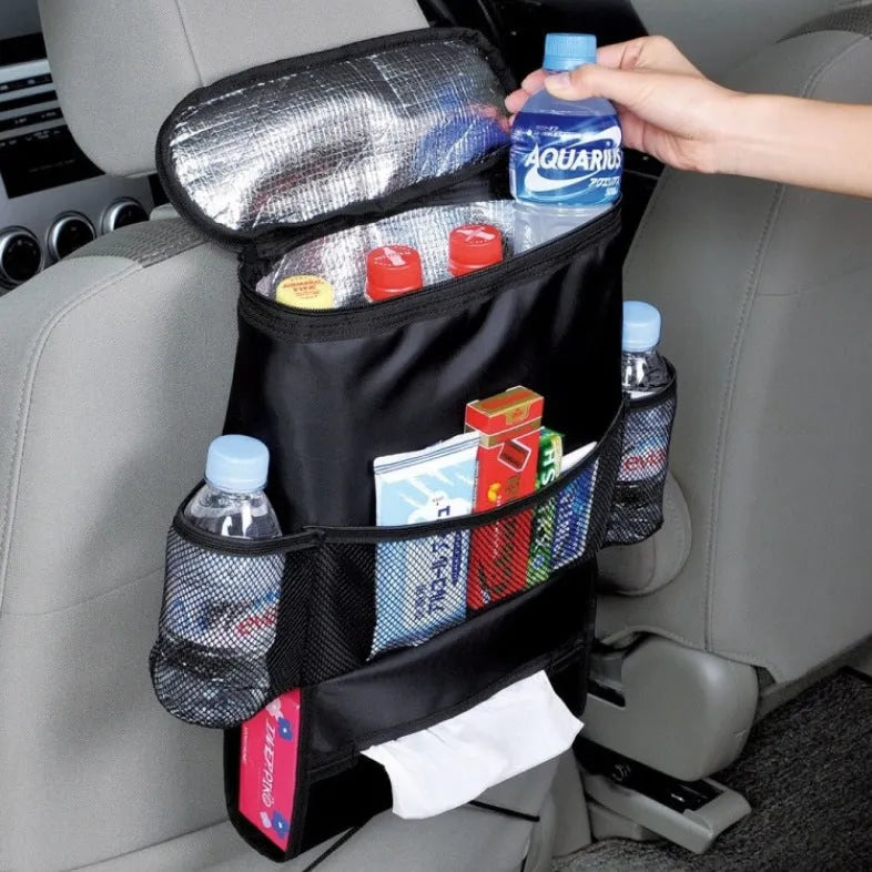 Black 600D Oxford cloth car storage bag with adjustable strap, chair back hanging organiser for headrest, gear lever, console, or door