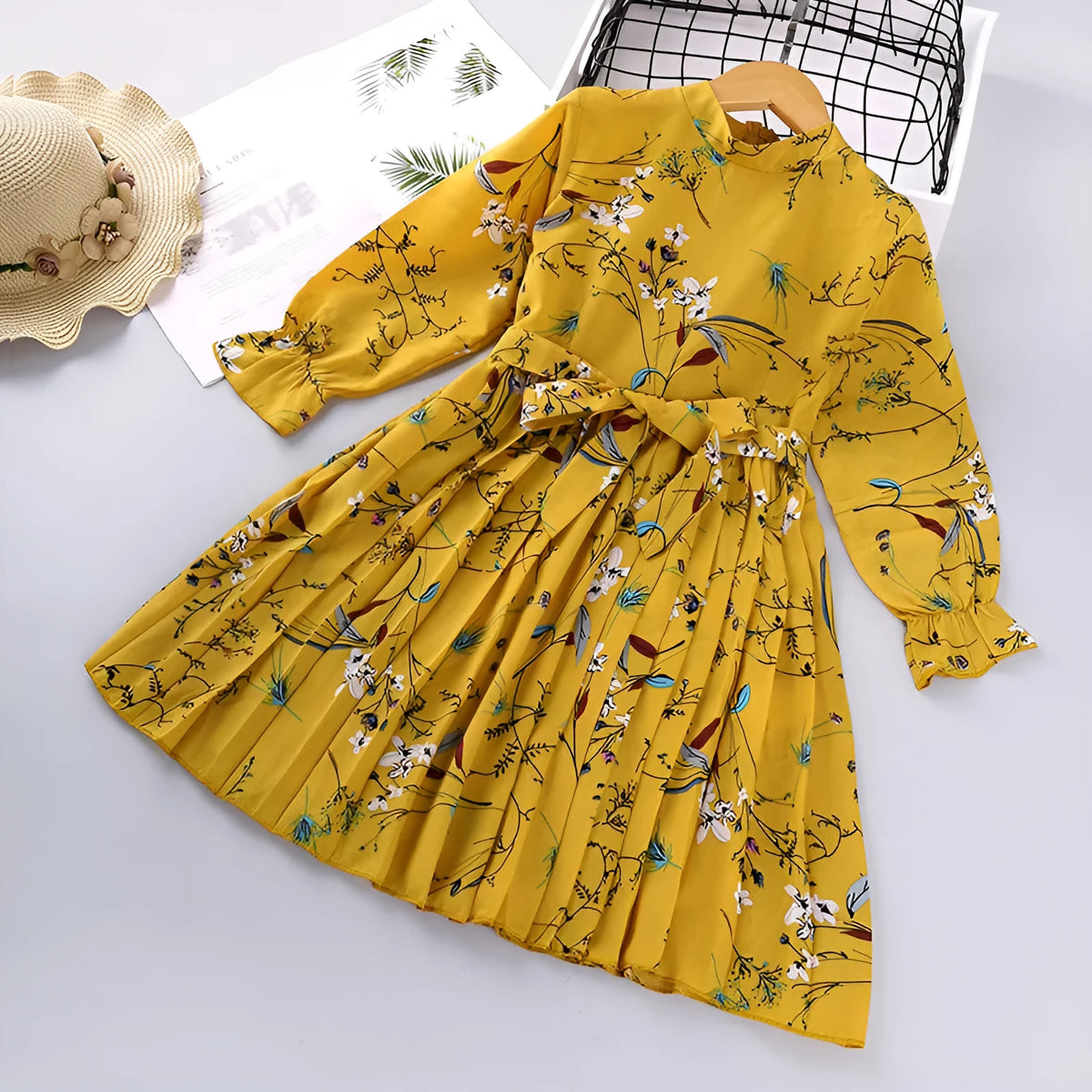 Kids Korean printed long sleeve princess dress in yellow with bow detail, for girls 100-140cm height