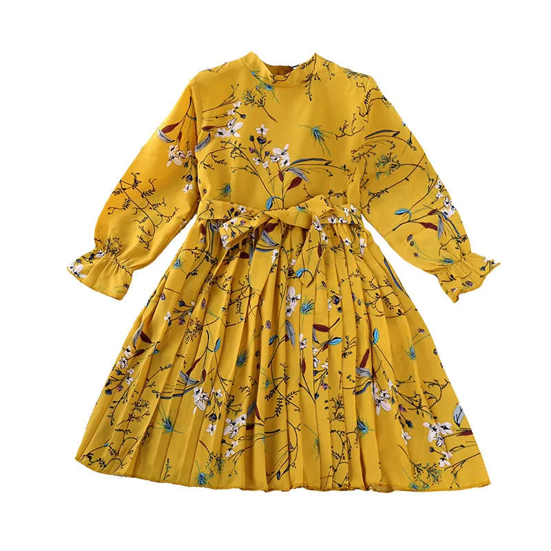 Kids Korean printed long sleeve princess dress in yellow with bow detail, for girls 100-140cm height