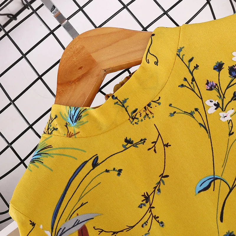 Kids Korean printed long sleeve princess dress in yellow with bow detail, for girls 100-140cm height