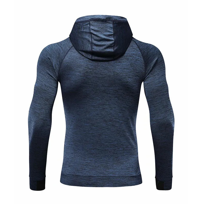 Men's hooded long sleeve running tights in dark grey, plain style, for autumn training