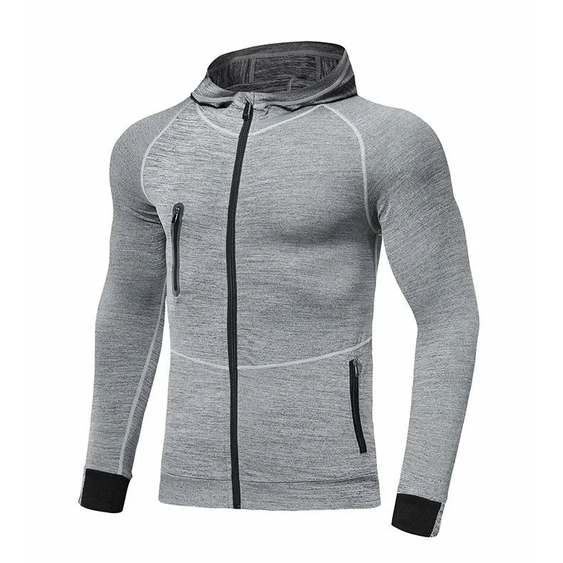 Men's hooded long sleeve running tights in dark grey, plain style, for autumn training
