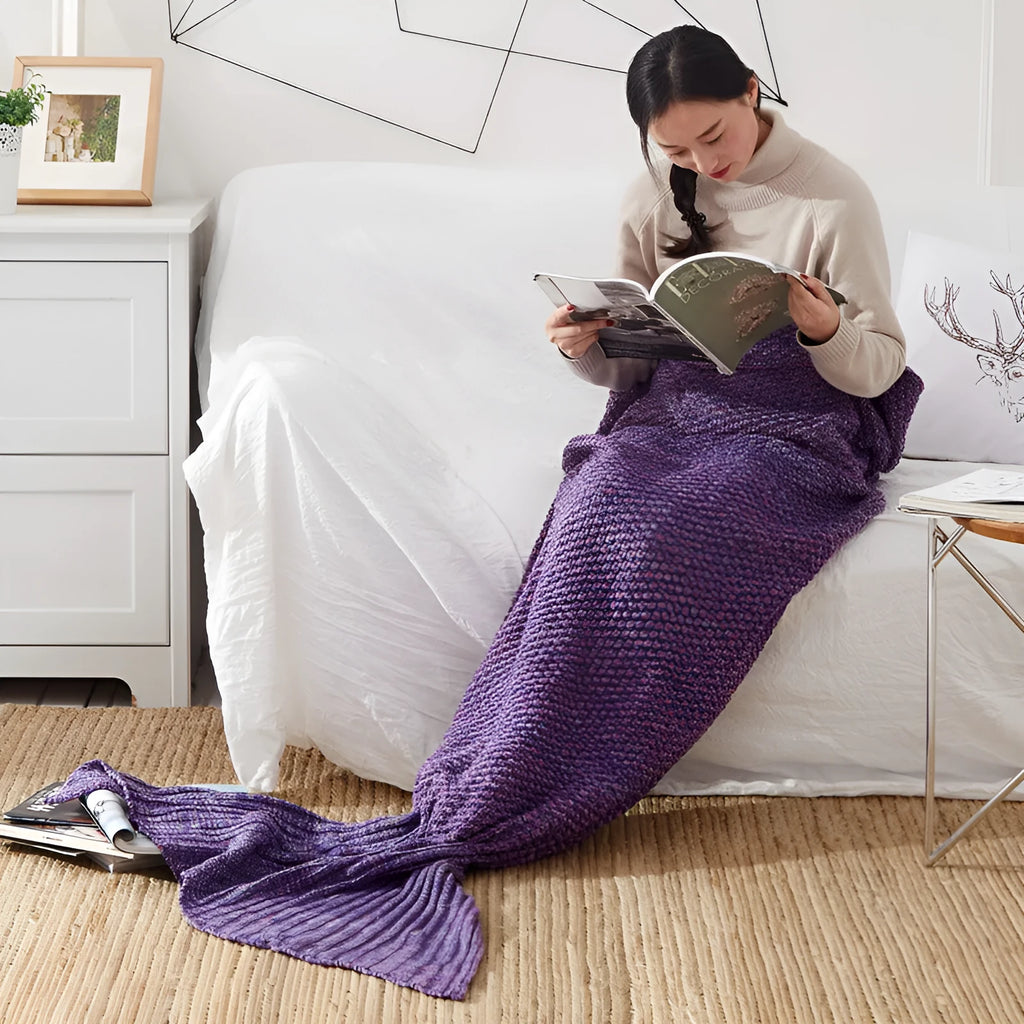 Mermaid tail blanket knitted crochet for children in dark purple, super soft acrylic sleeping blanket