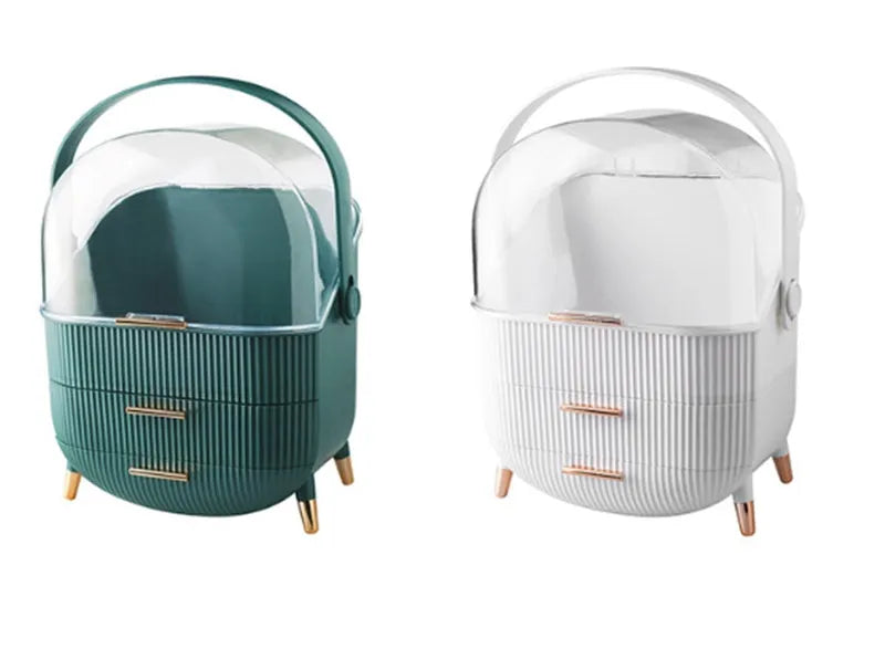 Light luxury covered cosmetic storage box in ABS and PS plastic, dustproof desktop organiser in green or white