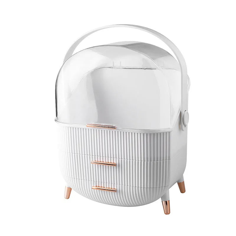 Light luxury covered cosmetic storage box in ABS and PS plastic, dustproof desktop organiser in green or white