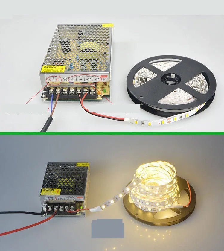 Close-up of a flexible white LED light strip showing 2835 and 5050 chip types for shelf lighting.