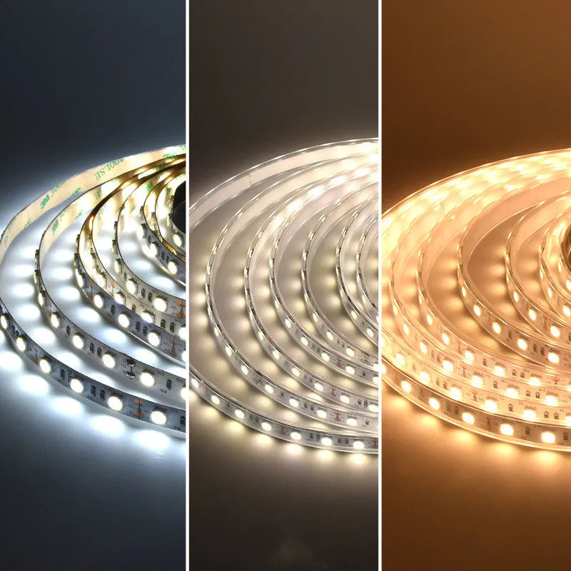 Close-up of a flexible white LED light strip showing 2835 and 5050 chip types for shelf lighting.