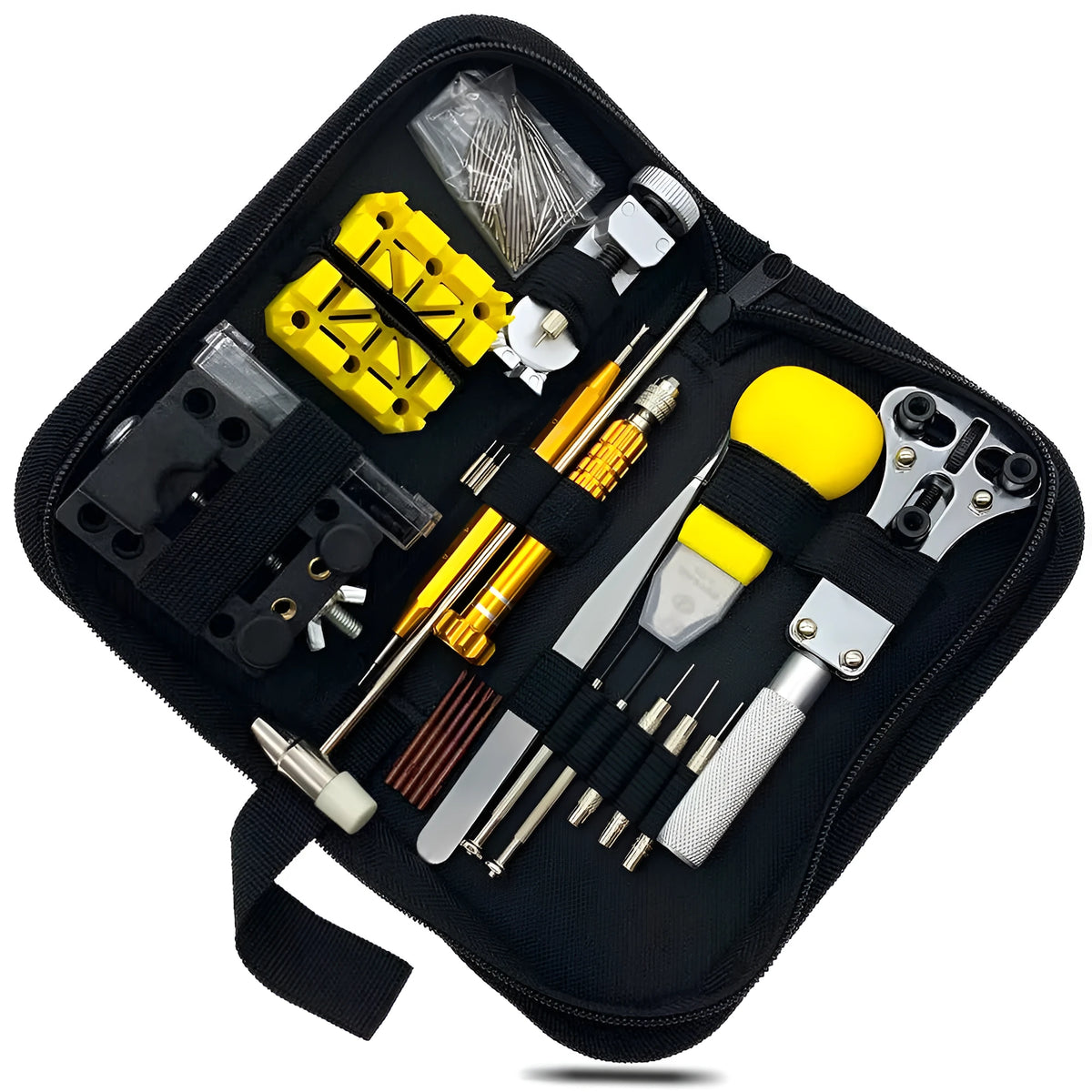 148-piece watch repair tool set in alloy steel with black, blue, and gold colour options, compact size 20.5x10x4.5cm