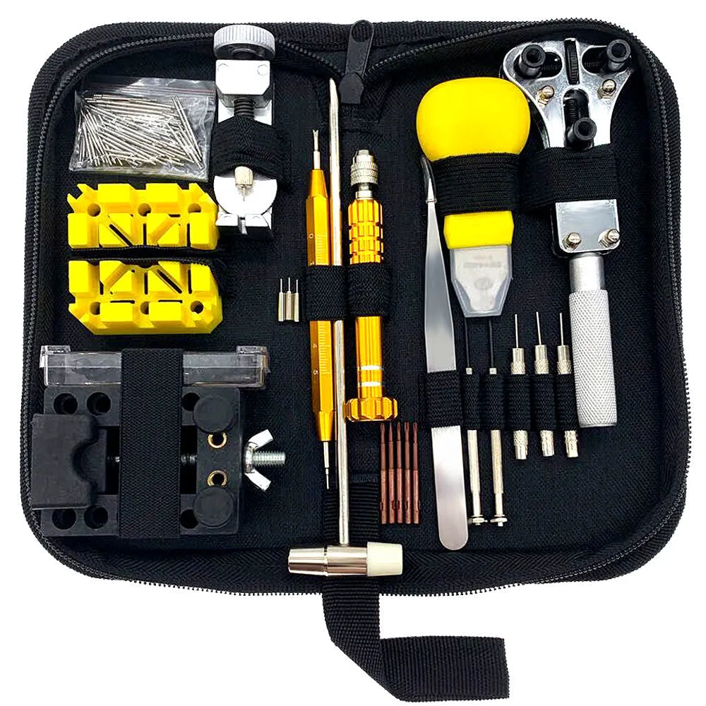 148-piece watch repair tool set in alloy steel with black, blue, and gold colour options, compact size 20.5x10x4.5cm
