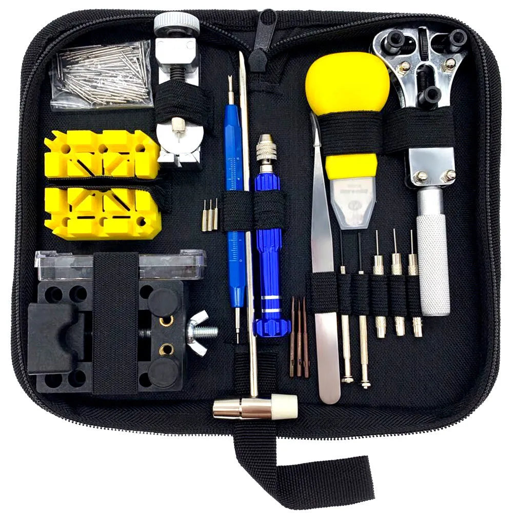 148-piece watch repair tool set in alloy steel with black, blue, and gold colour options, compact size 20.5x10x4.5cm
