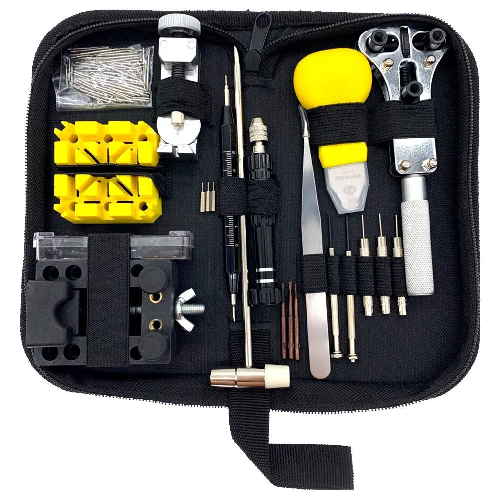 148-piece watch repair tool set in alloy steel with black, blue, and gold colour options, compact size 20.5x10x4.5cm
