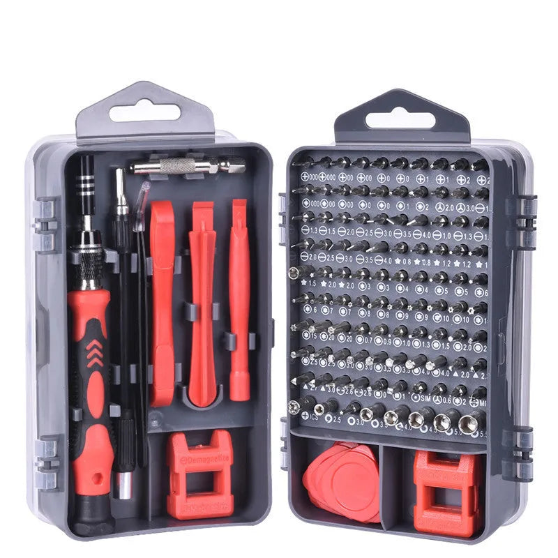 117-in-1 precision screwdriver set with magnetic bits and flexible extension in a coloured case.