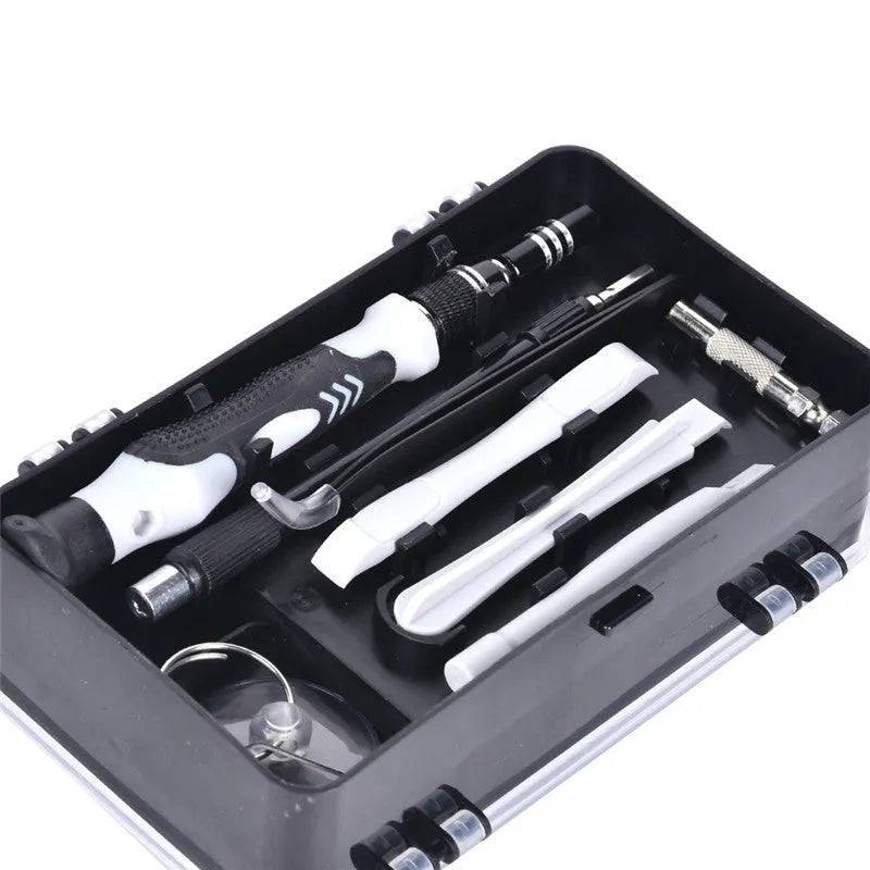 117-in-1 precision screwdriver set with magnetic bits and flexible extension in a coloured case.