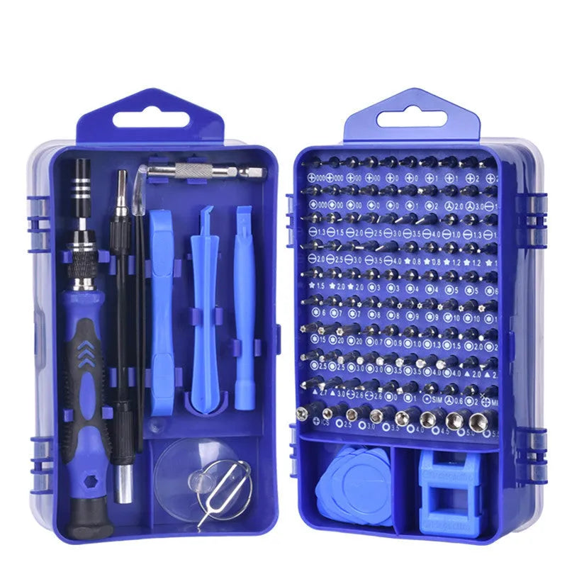 117-in-1 precision screwdriver set with magnetic bits and flexible extension in a coloured case.