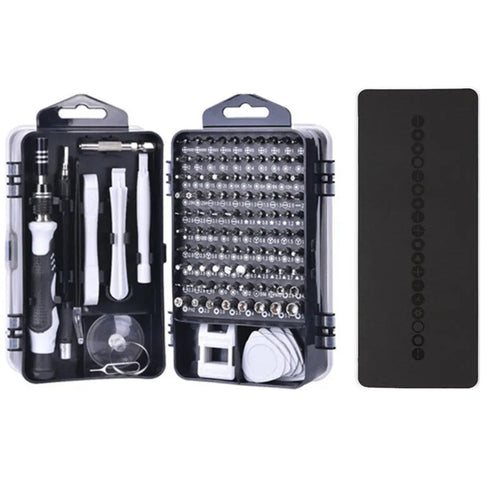 117-in-1 precision screwdriver set with magnetic bits and flexible extension in a coloured case.