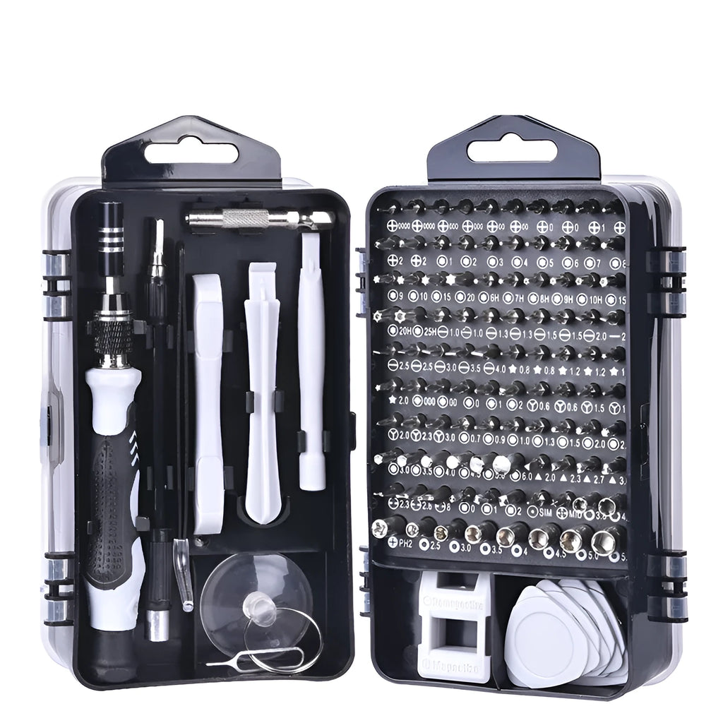 117-in-1 precision screwdriver set with magnetic bits and flexible extension in a coloured case.