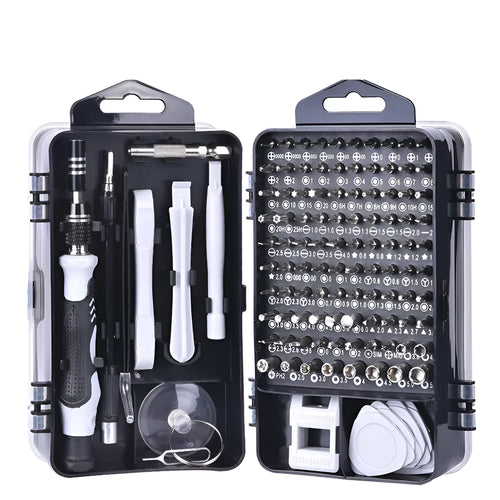 117-in-1 precision screwdriver set with magnetic bits and flexible extension in a coloured case.