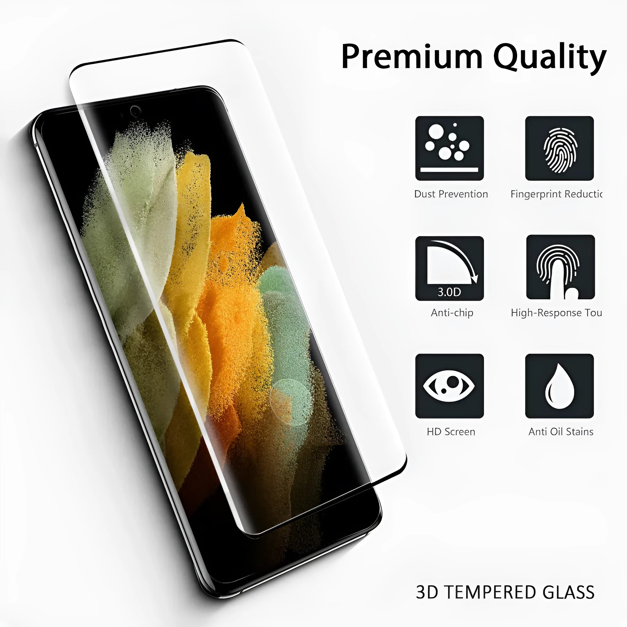 Samsung Galaxy S21 Ultra tempered glass screen protector with 3D curved edges shown on a phone.